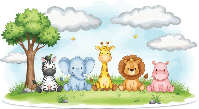 Cute safari animals vector set with baby lion, elephant, giraffe, zebra and hippo sitting on green grass under tree for nursery decor.