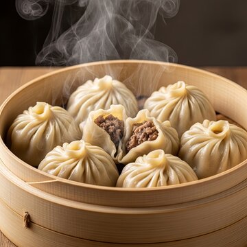 Steaming Hot Delicious Traditional Mongolian Buuz Dumplings in a Wooden Steamer.