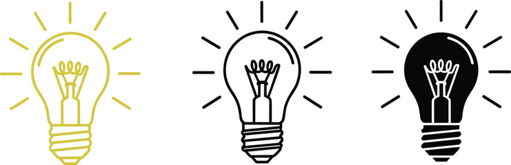 Light bulb icons, creativity idea symbols, innovation design illustration, yellow outline, black outline, solid filled bulb, concept stages, inspiration pictograms © Creative360