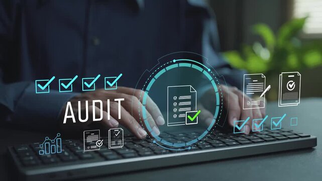 Audit concept. Person typing keyboard with audit and financial review icons, compliance verification, risk assessment and business accountability.