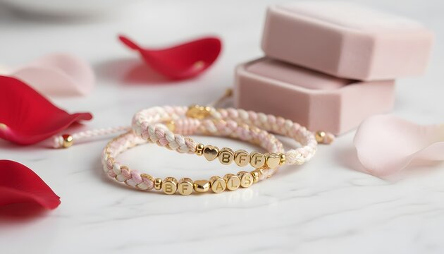 Delicate braided friendship bracelets with gold 'BFF' and heart beads, surrounded by rose petals and a gift box, for a heartfelt Galentine's Day concept.