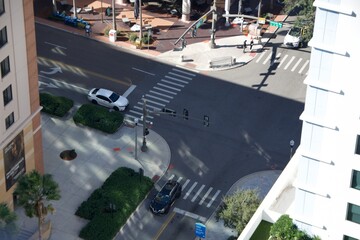 view from above downtown city intersection street 