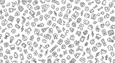 Hand Drawn Music And Technology Doodle Icons Pattern, Audio, Camera And Creative Equipment Collection, vector illustration