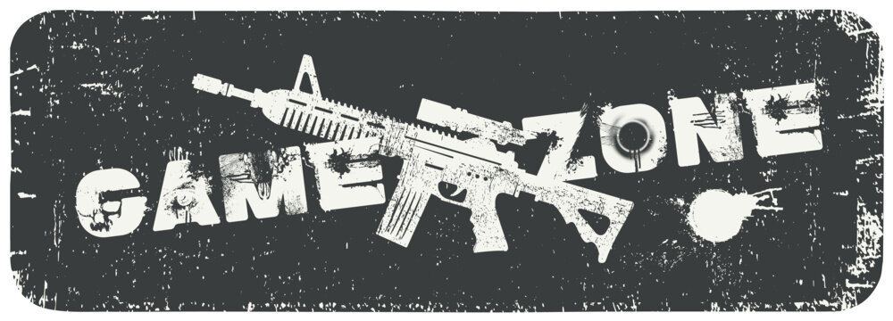 An iron wall sign with rusty bolts reading "Game Zone" and a bullet hole. Grunge Typography Poster, Gaming Club Banner, Dark Gamer Room Wall Art with machine gun, optical sight. No ai
