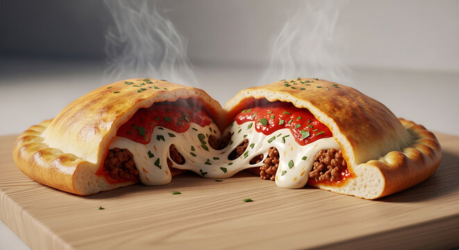 Delicious calzone pizza with melted cheese and tomato toppings being served on a wooden board