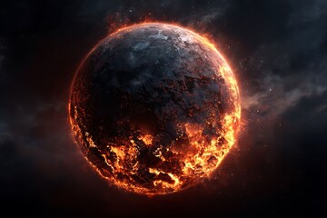 Naklejka premium Dramatic planet engulfed in fiery flames against a dark cosmic background