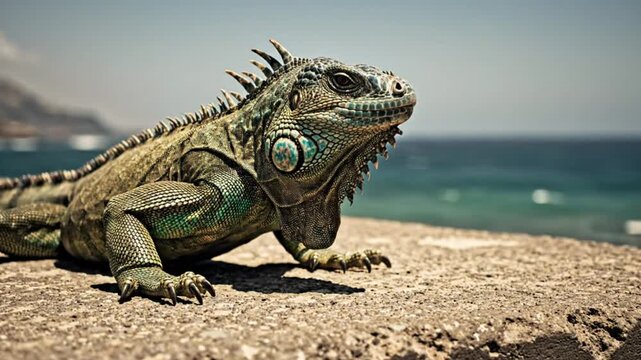 Detailed shot of a large green iguana basking in the sun on a stone surface with a blurred ocean background