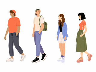 Obraz premium Four diverse people standing in a row illustrated in a minimalist style