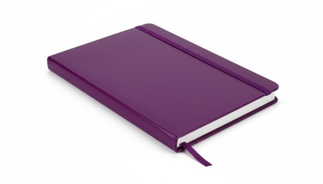 Closed purple notebook with elastic band and bookmark isolated on white background