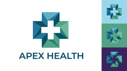 Obraz premium This image provides a sleek geometric logo for Apex Health with a modern cross shape, reflecting professionalism, care, and innovation in the healthcare industry.