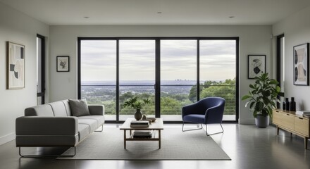 Modern Open Concept Living Room with Panoramic City Skyline and Green Landscape Views, Featuring Grey Sofa, Blue Accent Chair, and Minimalist Decor