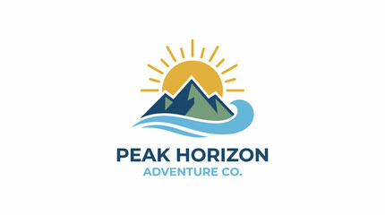 Obraz premium An adventurous logo featuring a sunlit mountain range and ocean waves, representing exploration, excitement, and the great outdoors for travel and adventure companies.