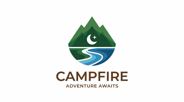 This logo presents a striking design of mountains lit by a crescent moon and a flowing river, symbolizing adventure, peace, and connection with nature for outdoor brands.