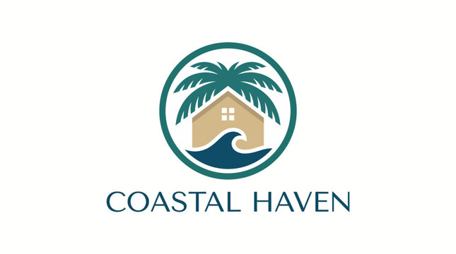A serene logo depicting a coastal haven featuring palm trees, a house, and waves, showcasing a blend of nature and comfort perfect for a beach retreat atmosphere.