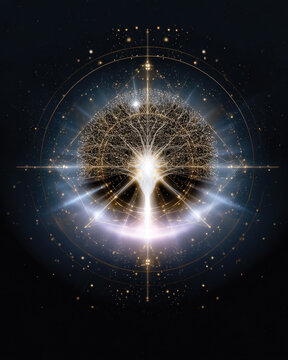 A celestial Tree of Life resplendently radiates cosmic energy, symbolizing connection and unity, surrounded by ethereal light patterns in a vibrant cosmic space.