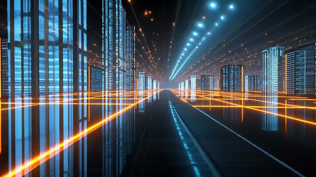 Futuristic digital landscape with glowing lines and towering data servers, showcasing advanced technology