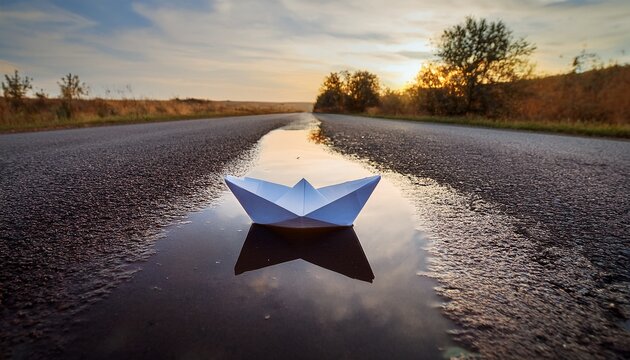 white paper boat floating in a puddle on a deserted road symbolizing isolation and exclusion