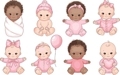 Cute watercolor baby girls collection diverse newborn infants in pink outfits bows balloons and hearts adorable illustration