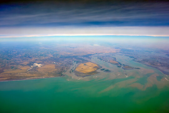 Rio Negro Submerged bay bahia anegada peninsula valdes aerial view panorama from airplane window
