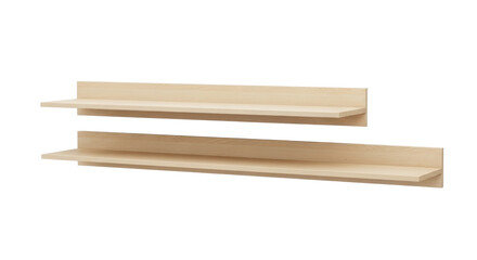 Home Decor: Photo-realistic Light Wood Floating Picture Ledge Shelves Isolated on Black Background. Modern Interior Design Storage and Display Furniture.
