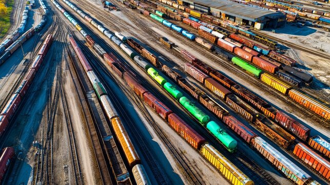 Aerial view of a large railyard filled with colorful freight cars on parallel tracks. Shadows cast on the gravel below