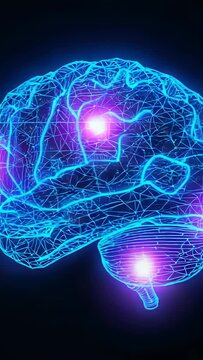 Vertical video: At start, blue mesh brain pulsing on black, magenta nodes shifting showing signals