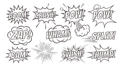 A collection of comic book sound effects in black and white © GW