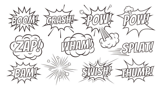 A collection of comic book sound effects in black and white