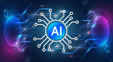 Fototapeta premium Artificial intelligence concept with AI chip icon and glowing circuit connections on dark blue background, symbolizing machine learning, neural networks and digital innovation.