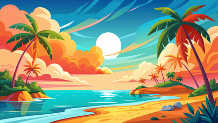 Tropical beach with palm trees and sunset © ruposhi