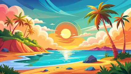 Tropical beach with palms at sunset time © ruposhi