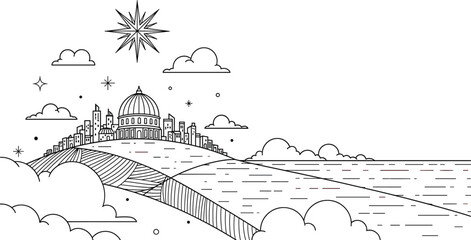 Black and white line of a cityscape with a dome building on a hill near a body of water line cityscape © Amazing2026