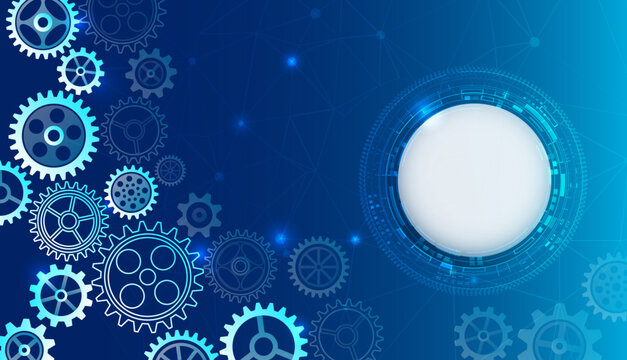 Blue technology background with interconnected gears and a futuristic circular interface, symbolizing engineering, automation, digital systems, and innovative industrial solutions.