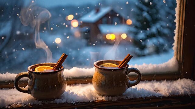 Two steaming mugs of mulled wine, garnished with orange slices and cinnamon sticks, resting on a frosted windowsill. Warmly lit homes and snow-laden trees, evoking a peaceful winter evening outside