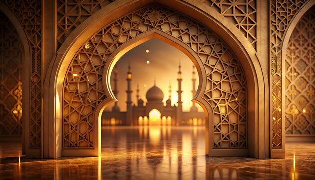 Golden Archways of a Sacred Mosque at Dusk.