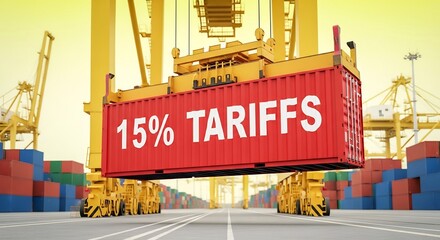 15% Tariffs on Red Shipping Container Lifted by Crane at Busy Port