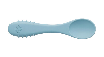 Baby Care Photo-realistic Soft Blue Silicone Baby Spoon with Teething Nubs, Isolated on Black, for Infant Feeding and Oral Development