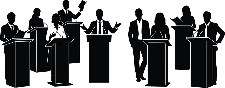 Group of people standing at podiums giving speeches in formal attire black and white