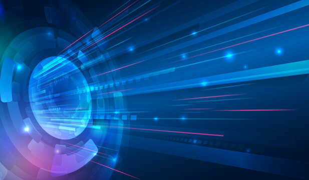 Futuristic blue tech background with glowing circular interface and dynamic neon light trails, symbolizing digital innovation, data speed, cyber networks, and high-tech communication.
