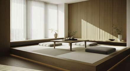 Sunlit minimalist living room with Japandi aesthetic, featuring a low wooden table, floor cushions, vertical blinds, and a wooden accent wall, creating a serene and modern interior.