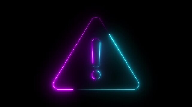 Neon warning attention icon animation glowing neon red color danger risk alert neon error stop signal problem sign symbol with black background