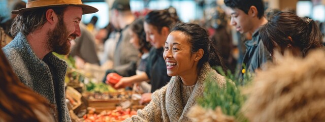 Obraz premium Shoppers Engaging with Vendors in a Bustling Market Atmosphere Filled with Fresh Produce and Friendly Interactions