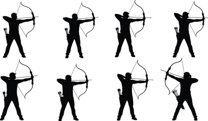 Silhouette of archer shooting bow and arrow in various poses archer silhouette archery archer pose © Amazing2026