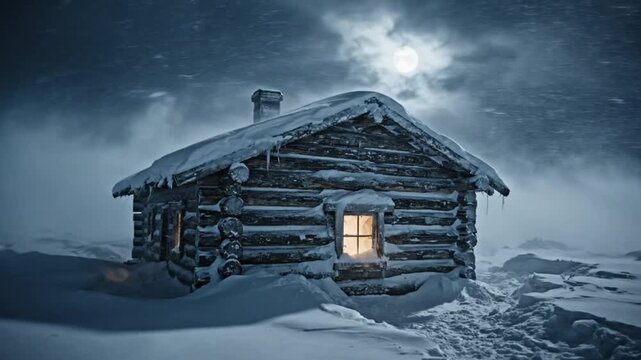 Cozy wooden cabin illuminated at night during a blizzard with a full moon in the sky, serene winter scene.