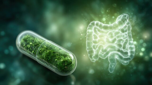 Probiotic capsule with gut microbiome and digestive system health concept