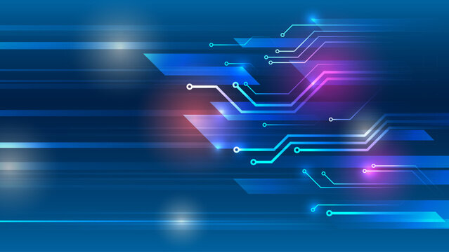 Dynamic futuristic technology background with glowing circuit lines and motion streaks on blue gradient, symbolizing fast data transfer, digital networks and high-tech innovation.