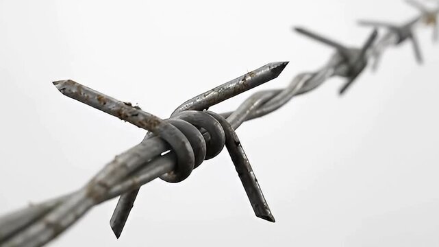 A stark, close-up perspective captures weathered metal barbed wire stretching diagonally across the frame against a bright, minimalist background. The intricate twist of the strands and formidable bar