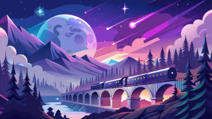 Fototapete Warmes Lila Train crossing bridge at night scenery  © ruposhi