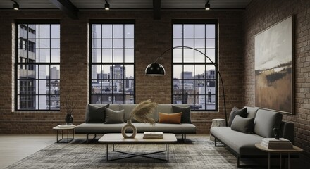 Modern Industrial Living Room with Exposed Brick Walls, Panoramic City Views, and Contemporary Grey Sofas, Featuring Stylish Decor and Natural Light