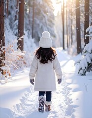 R&uuml;ckansicht eines kleinen M&auml;dchens, das an einem hellen Wintertag im Wald spazieren geht.